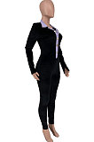 Black Wholesale Women Spliced Long Sleeve Lapel Neck Collect Waist Bodycon Jumpsuits HG137-1