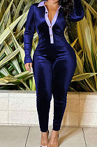 Blue Wholesale Women Spliced Long Sleeve Lapel Neck Collect Waist Bodycon Jumpsuits HG137-3