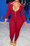 Pink Simple Newest Spliced Long Sleeve Zip Front  Collect Waist Bodycon Jumpsuits TK6199-1