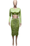 Green Euramerican Women Autumn Bodycon Tops Solid Color Ruffle Hip Sexy Skirts Sets Q960-5