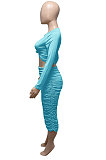 Green Euramerican Women Autumn Bodycon Tops Solid Color Ruffle Hip Sexy Skirts Sets Q960-5