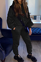 Black Casual Sport Long Sleeve Pocket Hoodie Sweat Pants Ruffle Solid Color Sets HG139-1