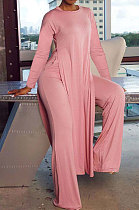 Pink Cottton Blend Round Neck Loose Slit Long T-Shirts Wide Leg Pants Solid Color Sets OH8090-1