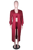Wine Red Autumn Winter Ribber Long Sleeve Cardigan Coat+Tank Shorts Three Piece N9303-2
