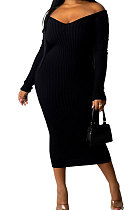 Black Euramerican Women Autumn Winter V Collar Off Shoulder Solid Color Ribber Bodycon Sexy Long Dress Q951-7