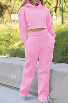 Pink Casual Sport Long Sleeve Hoodie Wide Leg Pants Solid Color Loose Sets FH173-5