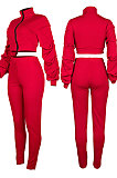 Red Autumn Winter Newest Ruffle Sleeve Zip Front Crop Tops Pencil Pants Sport Sets MD445-3