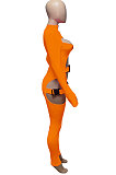 Orange Women Sexy Club Wear Buckle Pure Color Zipper Bodycon Jumpsuits Q955-4