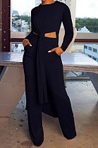 Black Cottton Blend Round Neck Loose Slit Long T-Shirts Wide Leg Pants Solid Color Sets OH8090-2