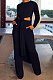 Black Cottton Blend Round Neck Loose Slit Long T-Shirts Wide Leg Pants Solid Color Sets OH8090-2