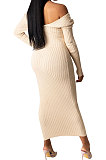 Coffee Euramerican Women Autumn Winter V Collar Off Shoulder Solid Color Ribber Bodycon Sexy Long Dress Q951-9
