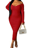 Pink Euramerican Women Autumn Winter V Collar Off Shoulder Solid Color Ribber Bodycon Sexy Long Dress Q951-3