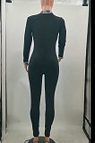 Black Simple Newest Spliced Long Sleeve Zip Front  Collect Waist Bodycon Jumpsuits TK6199-5