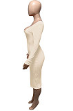 White Euramerican Women Autumn Winter V Collar Off Shoulder Solid Color Ribber Bodycon Sexy Long Dress Q951-1