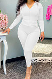 White Wholesale Casual Long Sleeve Zip Front Hooded Coat Pencil Pants Sport Sets OH8091-1