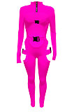 Purple Women Sexy Club Wear Buckle Pure Color Zipper Bodycon Jumpsuits Q955-3
