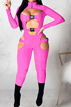 Pink Women Sexy Club Wear Buckle Pure Color Zipper Bodycon Jumpsuits Q955-2