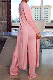 Pink Cottton Blend Round Neck Loose Slit Long T-Shirts Wide Leg Pants Solid Color Sets OH8090-1