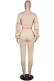 Apricot Autumn Winter Newest Ruffle Sleeve Zip Front Crop Tops Pencil Pants Sport Sets MD445-2