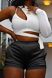 Black Personality Pure Color Single Sleeve Side Bandage Bodycon T-Shirts KY3098-1