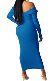 Black Euramerican Women Autumn Winter V Collar Off Shoulder Solid Color Ribber Bodycon Sexy Long Dress Q951-7