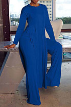 Blue Cottton Blend Round Neck Loose Slit Long T-Shirts Wide Leg Pants Solid Color Sets OH8090-3