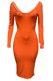 Red Euramerican Women Autumn Winter V Collar Off Shoulder Solid Color Ribber Bodycon Sexy Long Dress Q951-5