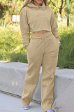 Khaki Casual Sport Long Sleeve Hoodie Wide Leg Pants Solid Color Loose Sets FH173-2