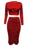 Black Euramerican Women Autumn Bodycon Tops Solid Color Ruffle Hip Sexy Skirts Sets Q960-3
