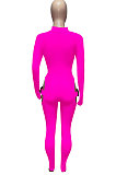 Rose Red Women Sexy Club Wear Buckle Pure Color Zipper Bodycon Jumpsuits Q955-5