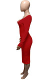 Pink Euramerican Women Autumn Winter V Collar Off Shoulder Solid Color Ribber Bodycon Sexy Long Dress Q951-3