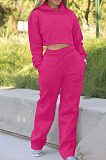 Rose Red Casual Sport Long Sleeve Hoodie Wide Leg Pants Solid Color Loose Sets FH173-3