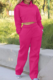 Rose Red Casual Sport Long Sleeve Hoodie Wide Leg Pants Solid Color Loose Sets FH173-3