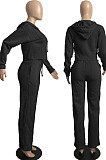 Black Casual Sport Long Sleeve Hoodie Wide Leg Pants Solid Color Loose Sets FH173-4