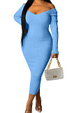 Blue Euramerican Women Autumn Winter V Collar Off Shoulder Solid Color Ribber Bodycon Sexy Long Dress Q951-8