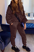 Coffee Casual Sport Long Sleeve Pocket Hoodie Sweat Pants Ruffle Solid Color Sets HG139-3