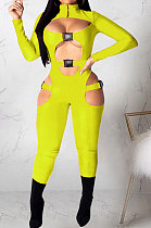 Lemon Yellow Women Sexy Club Wear Buckle Pure Color Zipper Bodycon Jumpsuits Q955-7