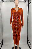 Orange Wholesale Velvet Long Sleeve Lapel Neck Single-Breasted Ruffle Shirt Dress MTY6579-2