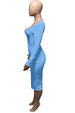 Blue Euramerican Women Autumn Winter V Collar Off Shoulder Solid Color Ribber Bodycon Sexy Long Dress Q951-8