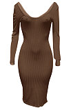 Coffee Euramerican Women Autumn Winter V Collar Off Shoulder Solid Color Ribber Bodycon Sexy Long Dress Q951-9