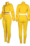Yellow Autumn Winter Newest Ruffle Sleeve Zip Front Crop Tops Pencil Pants Sport Sets MD445-1