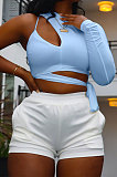 White Personality Pure Color Single Sleeve Side Bandage Bodycon T-Shirts KY3098-2