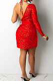 Red Women Sexy Sequins Pure Color Irregular Single Sleeve Split Skirts Sets XZ5307-2