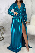 Blue Club Hot Starmping Long Sleeve V Collar Slim Fitting Sexy Slit Swing Long Dress SMR10194-3