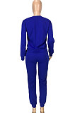 Royal Blue Simple Sport Loose Long Sleeve Round Neck Pocket Jumper Long Pants Solid Color Sets SM9206-1
