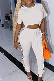 Orange Cotton Blend  Side Strip Short Sleeve Round Neck T-Shirt Long Pants Sets TK6188-3