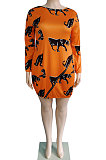 Orange Women Printing Loose Waist Pullover Long Sleeve Mini Dress GB8032