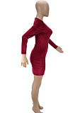 Red Women Pure Color Ribber Velvet Sexy Round Collar Mid Waist Long Sleeve Mini Dress KXL860-1