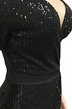 Black Women Sexy Sequins Pure Color Irregular Single Sleeve Split Skirts Sets XZ5307-1