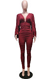 Black Newest Batwing Sleeve V Neck Ruffle Collect Waist Solid Color Bodycon Jumpsuits WY6841-3